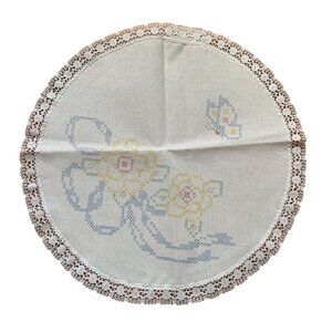 Flower and Butterfly 12" Stamped Cross Stitch Laced Doily Lace Trim